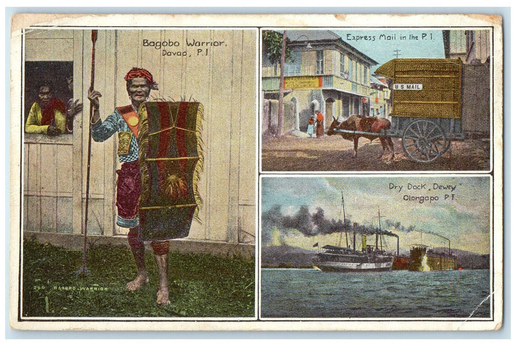 c1920's Bagobo Warrior Express Mail Dry Dock Dewey Philippines Island Postcard