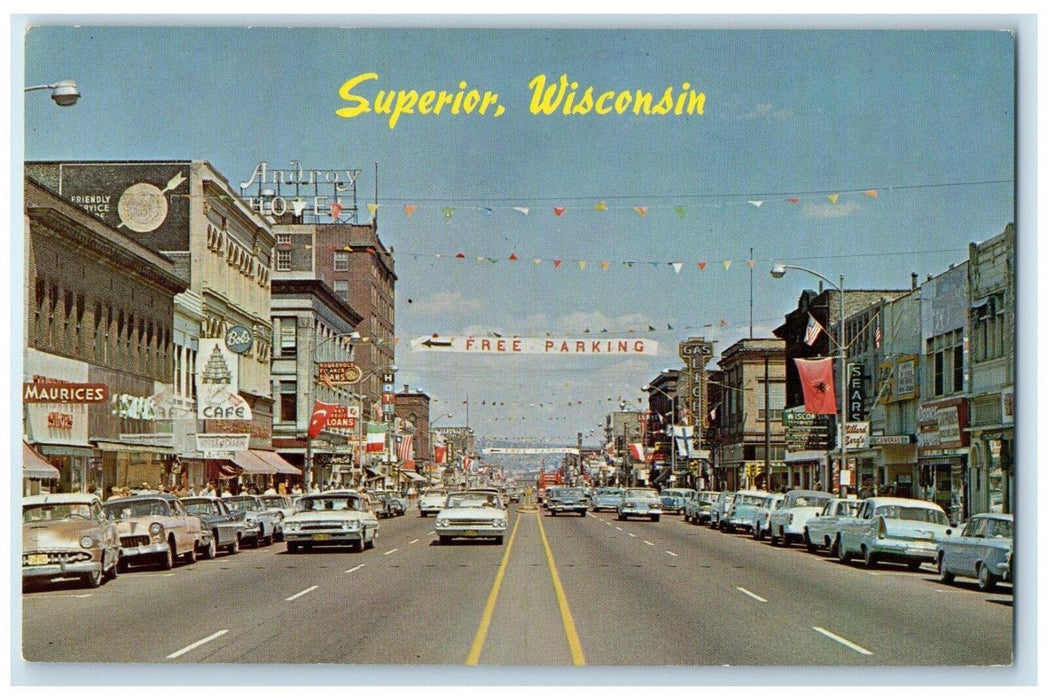 1960 Busy Day Classic Cars Buildings Tower Avenue Superior Wisconsin WI Postcard