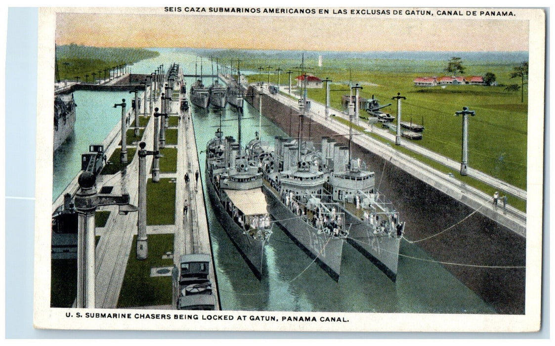 c1930's US Submarine Chasers Being Locked at Gatun Panama Canal Postcard