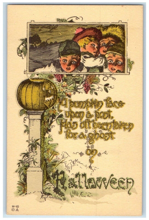 c1910's Halloween Jol Jack O Lantern Pumpkin Face Scared Children Nash Postcard