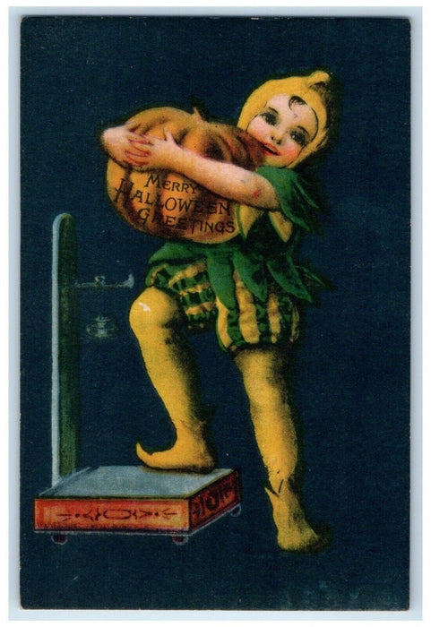 c1910's Halloween Greetings Little Kid Scaling Pumpkin Wolf Antique Postcard