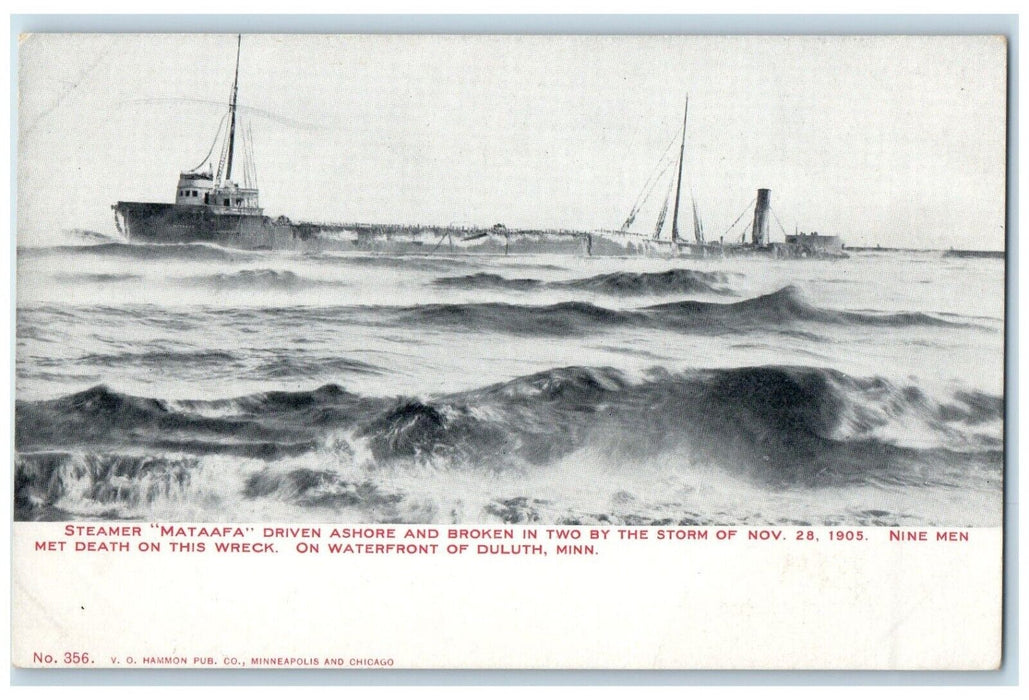 Steamer Mataafa Driver Ashore Broken Two Storm Duluth Minnesota MN Postcard