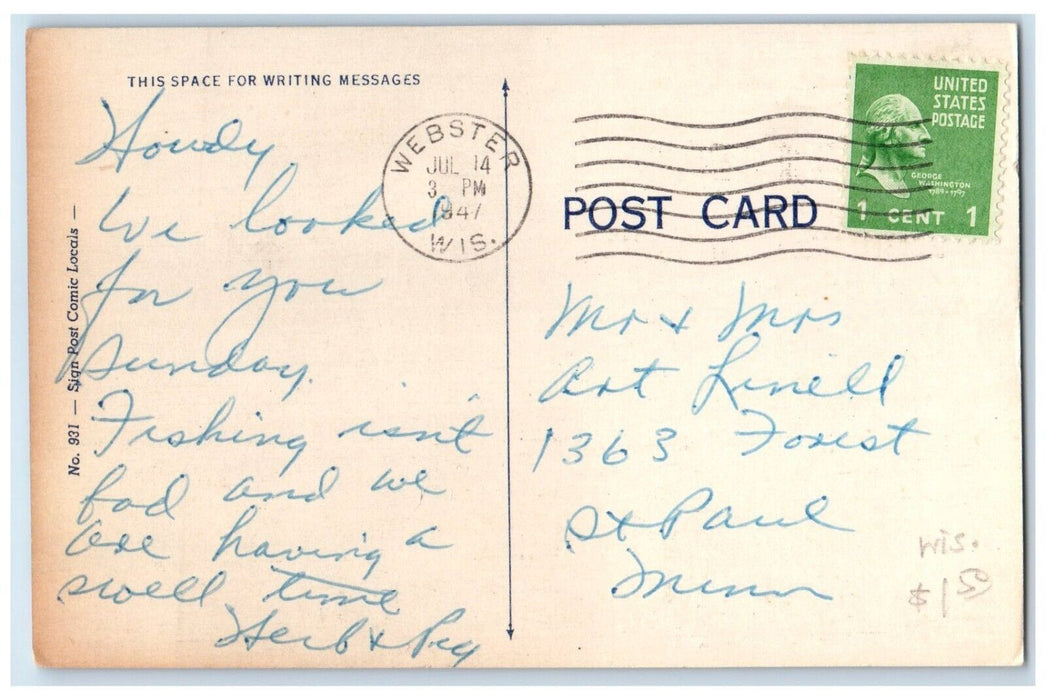 1947 Webster Certainly Seems Blue Without You Girl Dog Wisconsin Posted Postcard