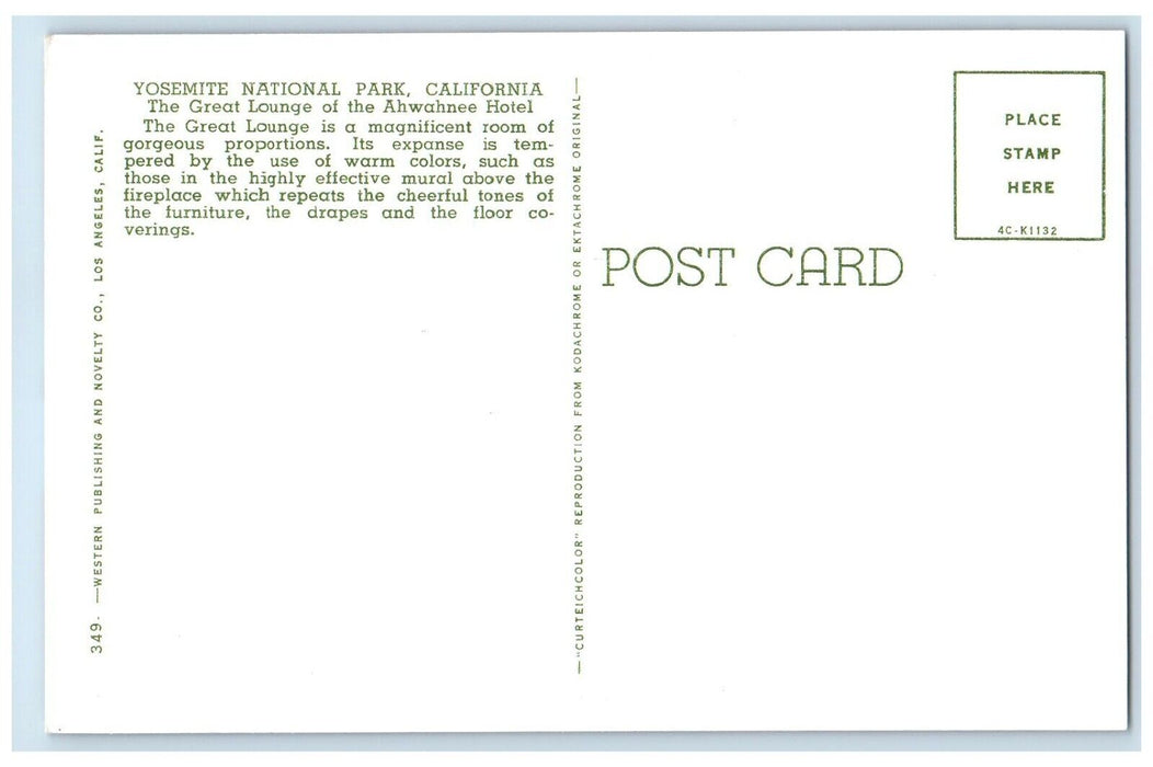 c1960 Yosemite National Park California Great Lounge Ahwahnee Hotel CA Postcard