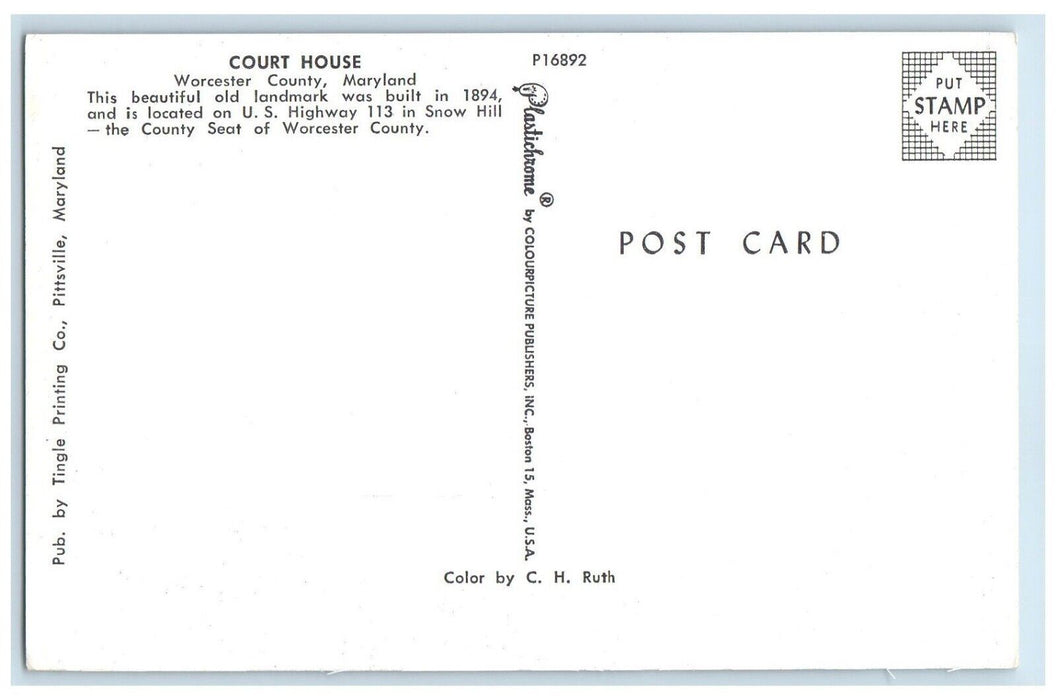 c1960 Court House Snow Hill Exterior Building Worcester County Maryland Postcard