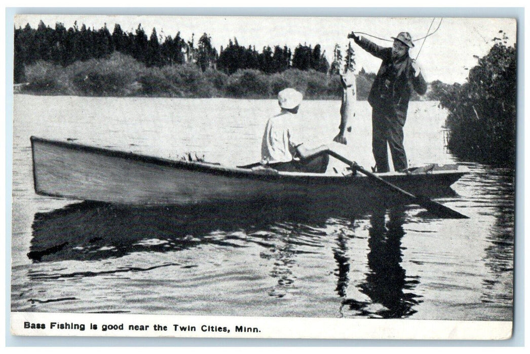 c1920 Bass Fishing Good Near River Canoe Boat Twin Cities Minnesota MN Postcard