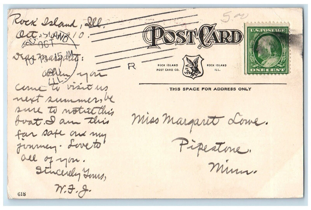 1911 Steamer Morning Star Mississippi Rock Island Illinois IL Vintage Postcard