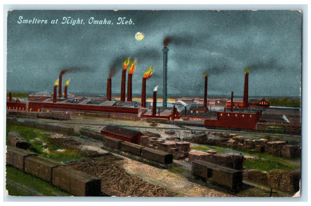 c1910 Smelters Night Moon Factory Exterior Building Omaha Nebraska NE Postcard