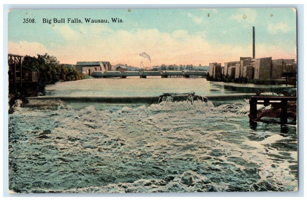 1910 Scenic View Big Bull Falls Bridge Wausau Wisconsin Vintage Antique Postcard