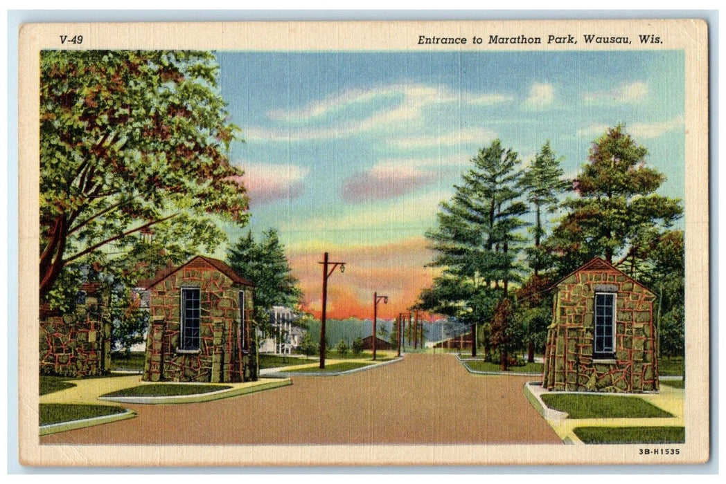 c1940 Entrance Marathon Park Trees Wausau Wisconsin WI Unposted Vintage Postcard