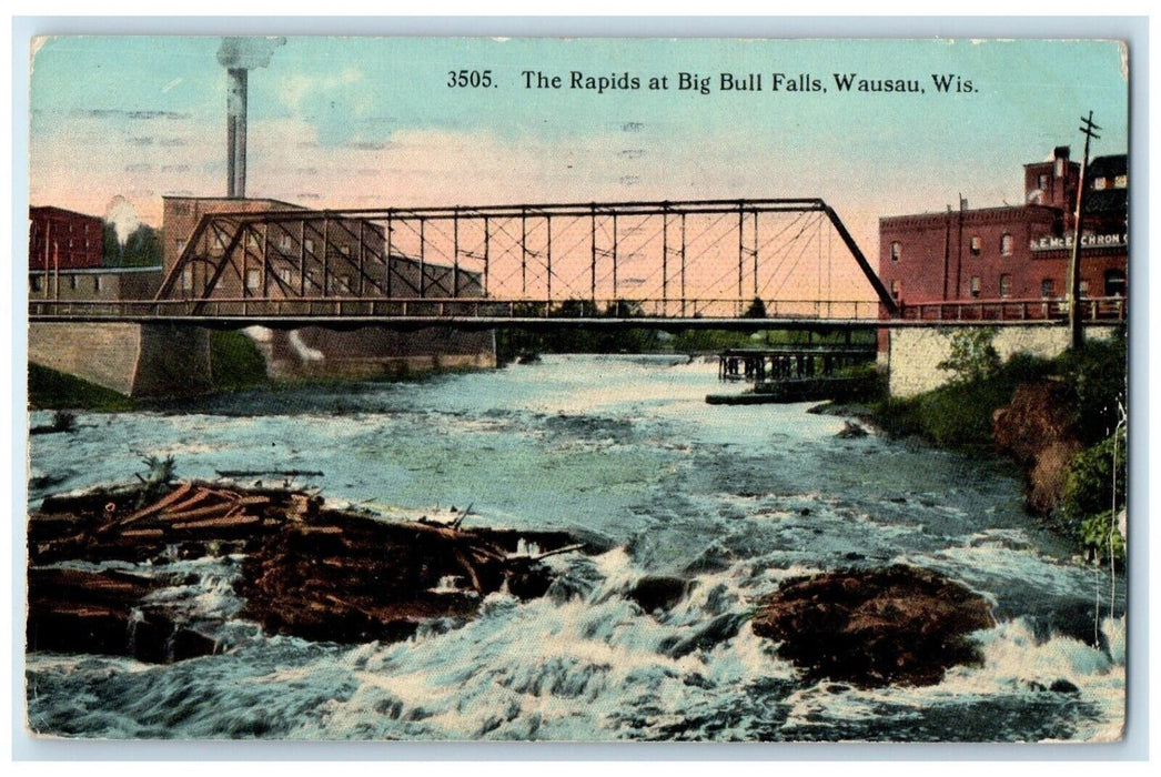 1914 Rapids Big Bull Falls Bridge Wausau Wisconsin WI Antique Vintage Postcard