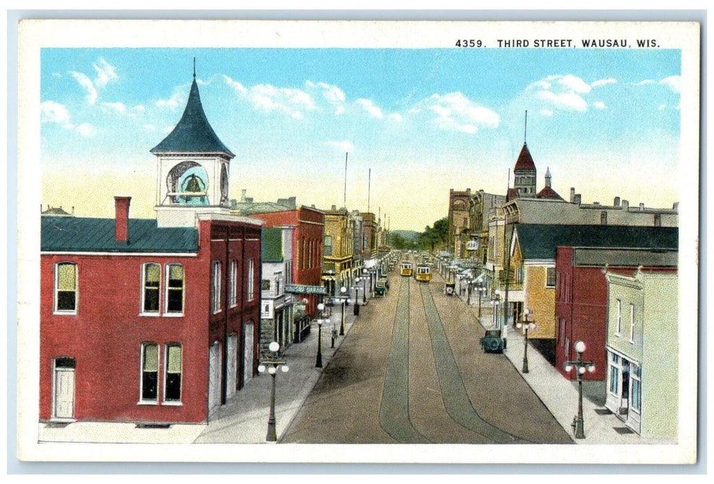 c1920 Aerial View Third Street Buildings Road Wausau Wisconsin Antique Postcard