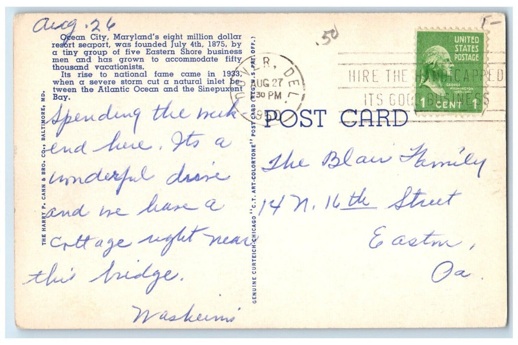 1950 Bridge Spanning Sinepuxent Bay Seaport Shore Ocean City Maryland Postcard