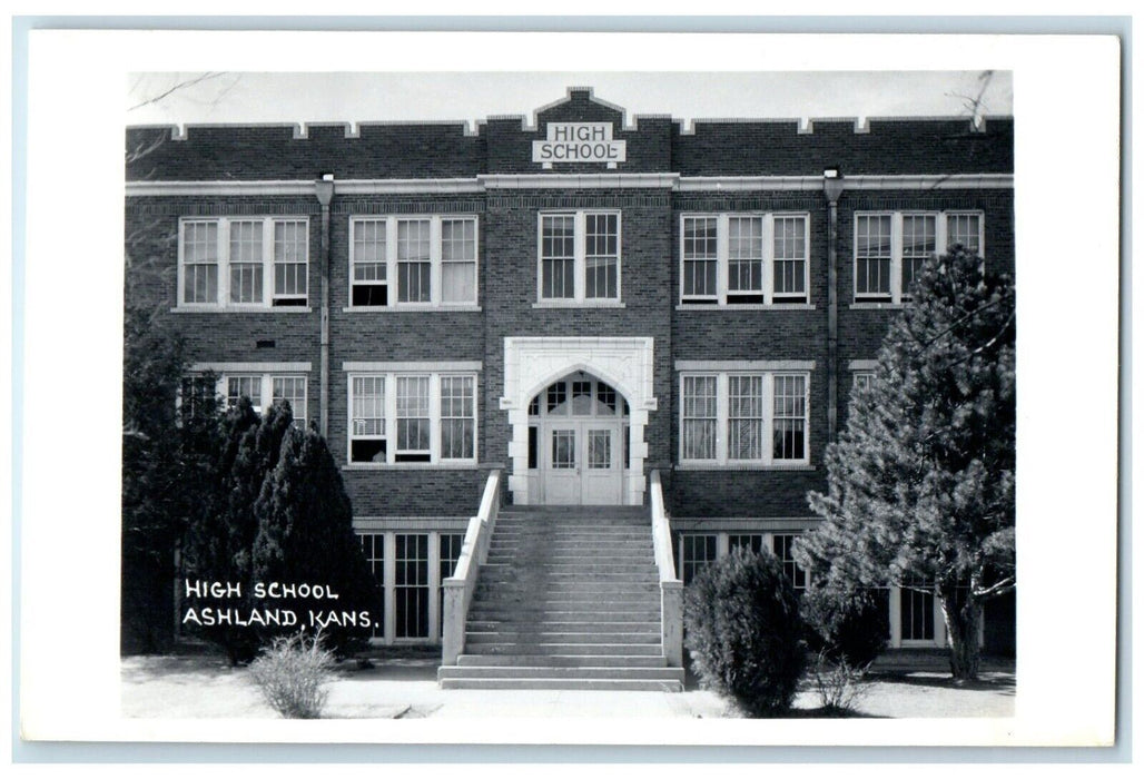 1955 High School Building Clark County Ashland Kansas KS RPPC Photo Postcard