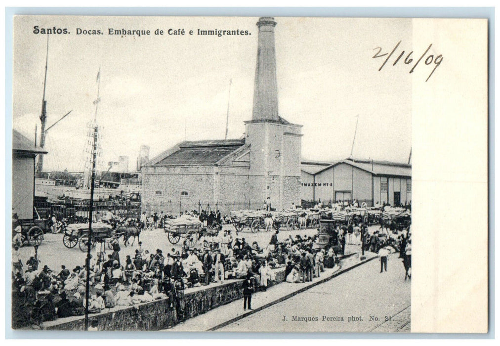 1909 Docas Shipment of Coffee and Immigrants Santos Sao Paulo Brazil Postcard