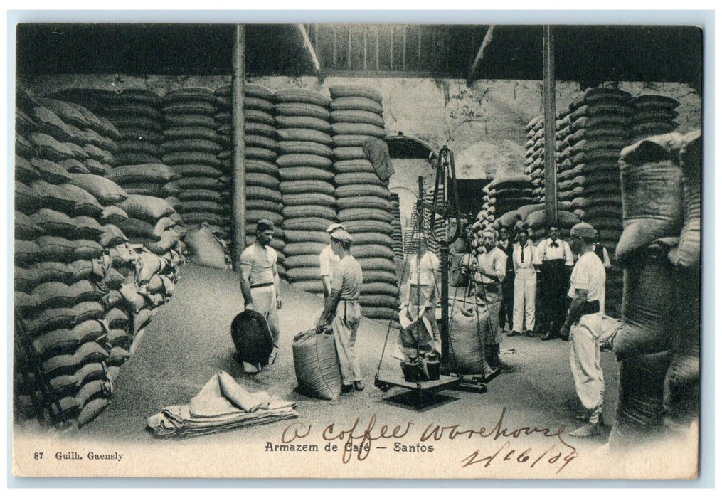 1909 Coffee Warehouse Armazem De Cafe Santos Sao Paulo Brazil Postcard