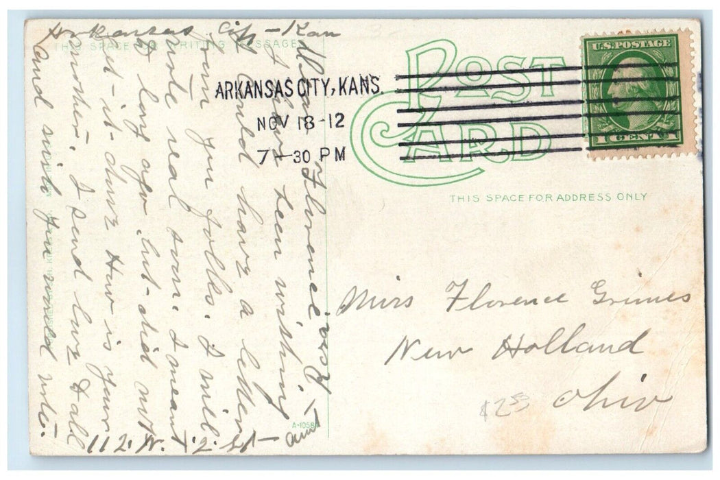 1912 High School Building Scene Street Arkansas City Kansas KS Antique Postcard