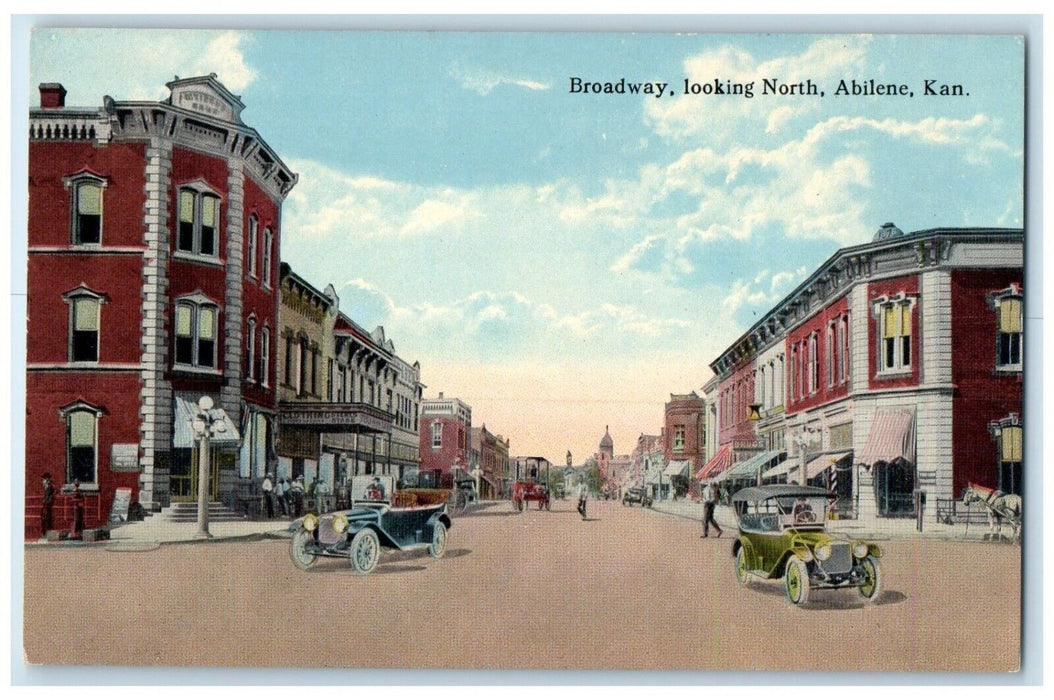 c1930's Broadway Looking North Cars Drugs Store Abilene Kansas KS Postcard