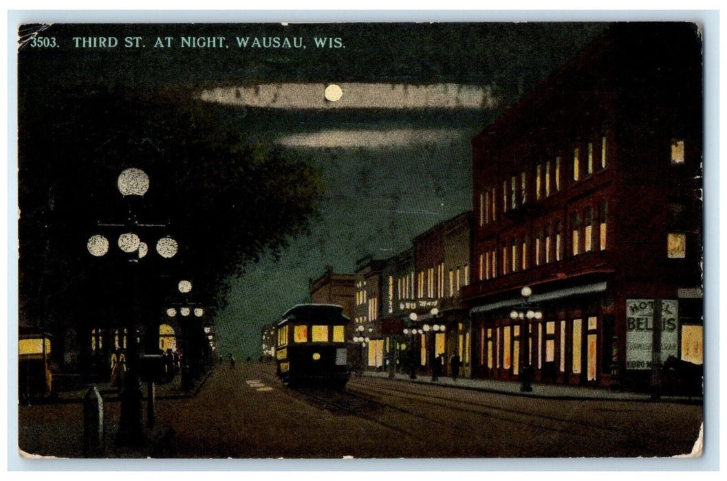 1913 Third St Night Moonlight Moon Streetcar Wausau Wisconsin WI Posted Postcard