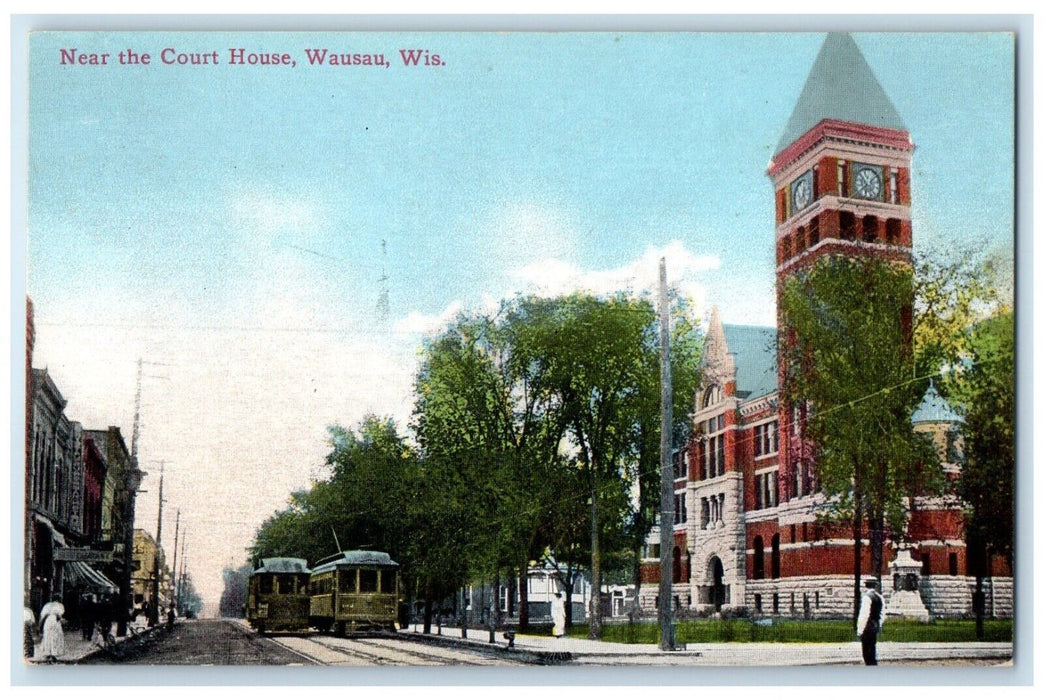 c1910 Near Court House Building Streetcars Wausau Wisconsin WI Unposted Postcard