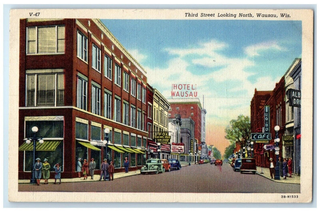 1940 Third Street Looking North Buildings Classic Cars Wausau Wisconsin Postcard