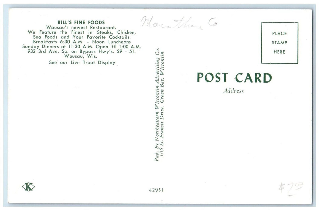 1960 Multi-View Interior Bill Fine Foods Restaurant Wausau Wisconsin WI Postcard