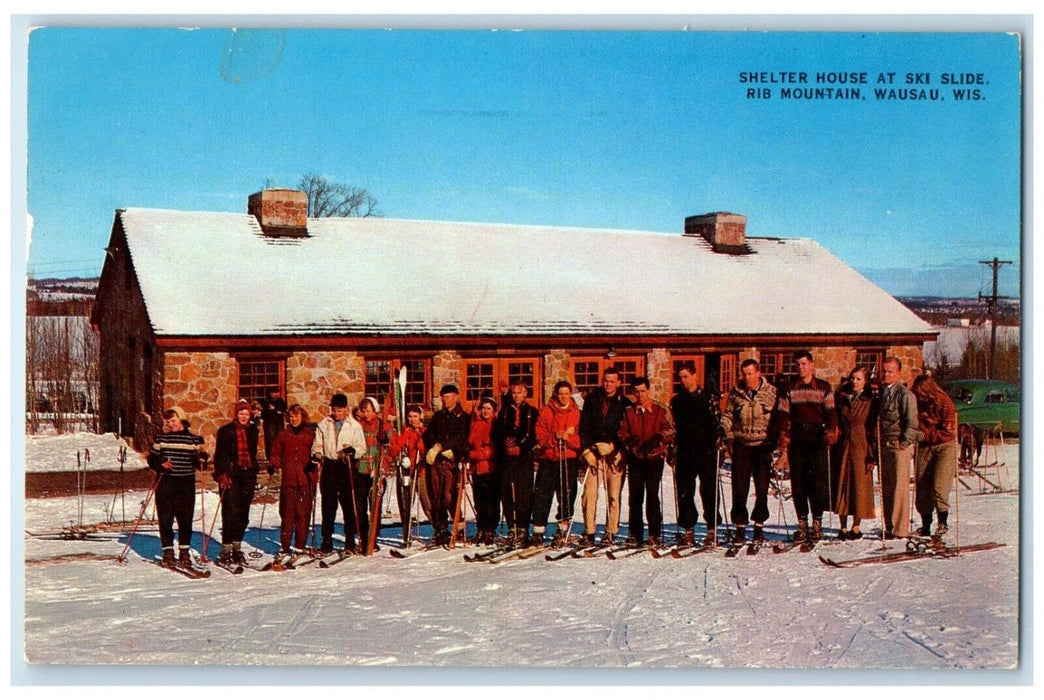 1957 Shelter House Ski Slide Rib Mountain Wausau Wisconsin WI Vintage Postcard