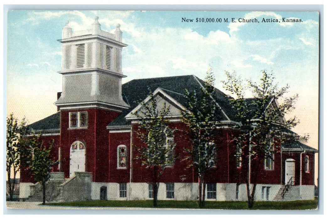 c1930's New ME Church Scene Street Attica Kansas KS Unposted Vintage Postcard