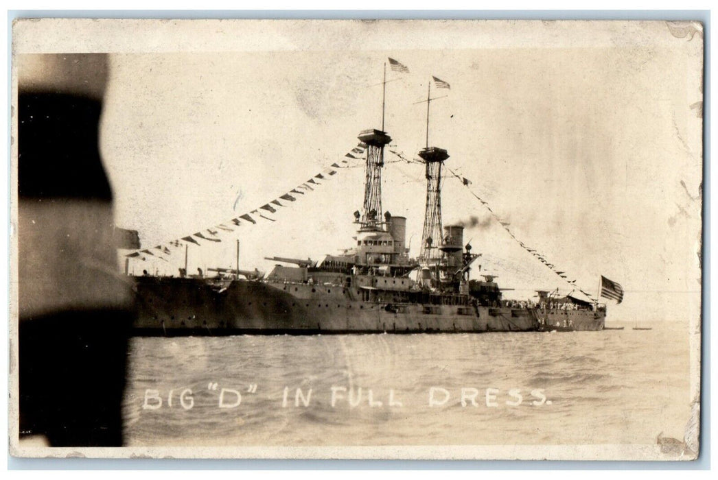 1922 USS Delaware US Navy Ship Parade Flags RPPC Photo Posted Vintage Postcard