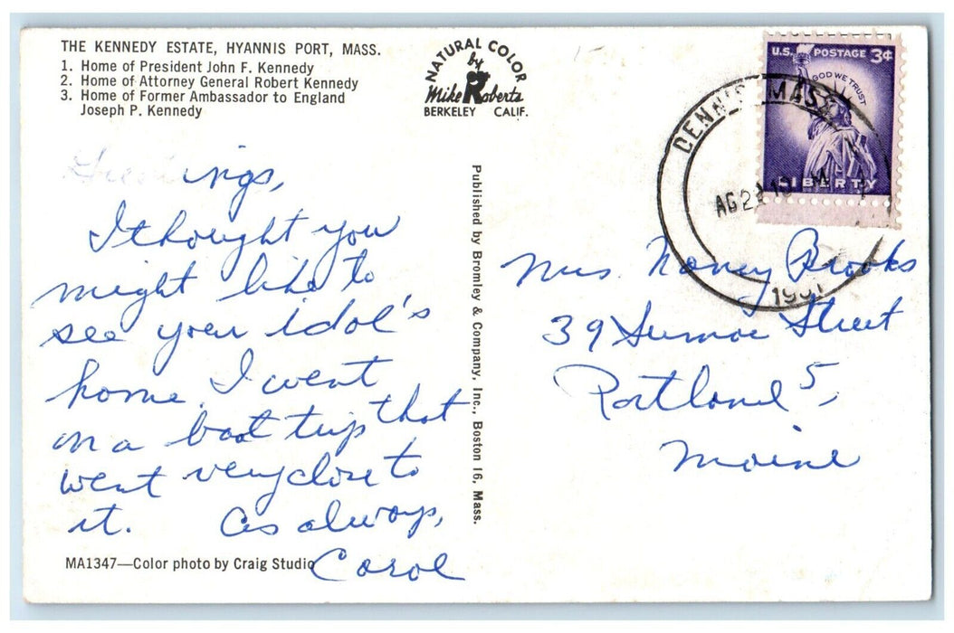 1961 President Kennedy's Summer Home Estate Hyannis Port Massachusetts Postcard