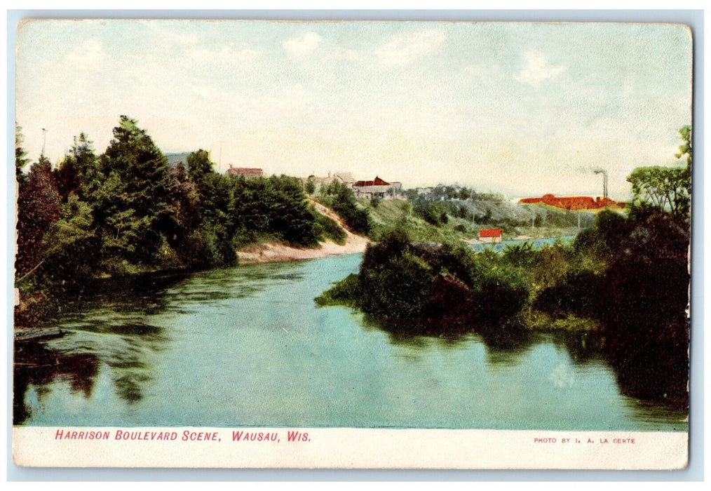 1910 Harrison Boulevard Scene River Wausau Wisconsin WI Vintage Antique Postcard