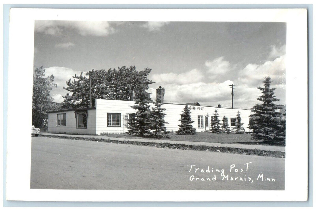 c1950's Trading Post Grand Scene Street Marais Minnesota MN RPPC Photo Postcard