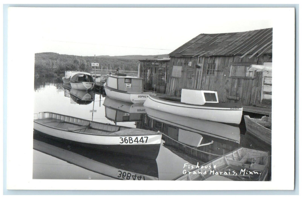 c1950's Fishouse Boats Grand Marais Minnesota MN RPPC Photo Vintage Postcard