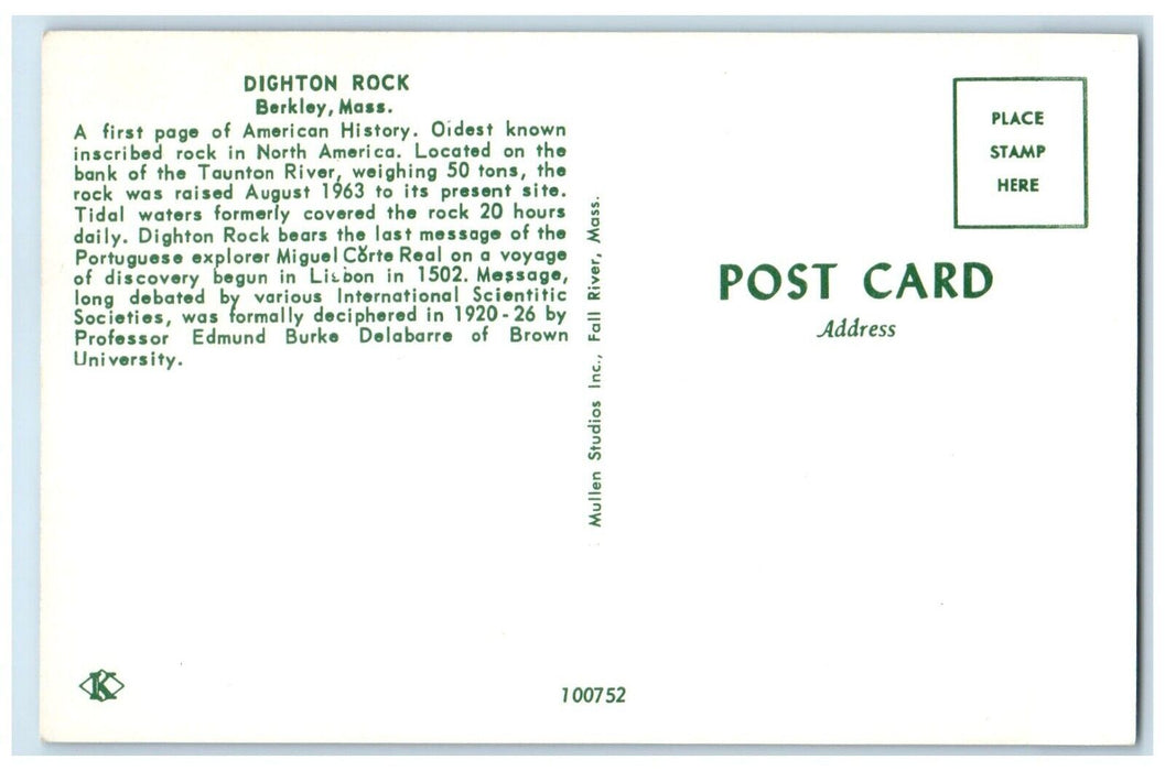 c1960 Dighton Rock American History Taunton River Berkley Massachusetts Postcard