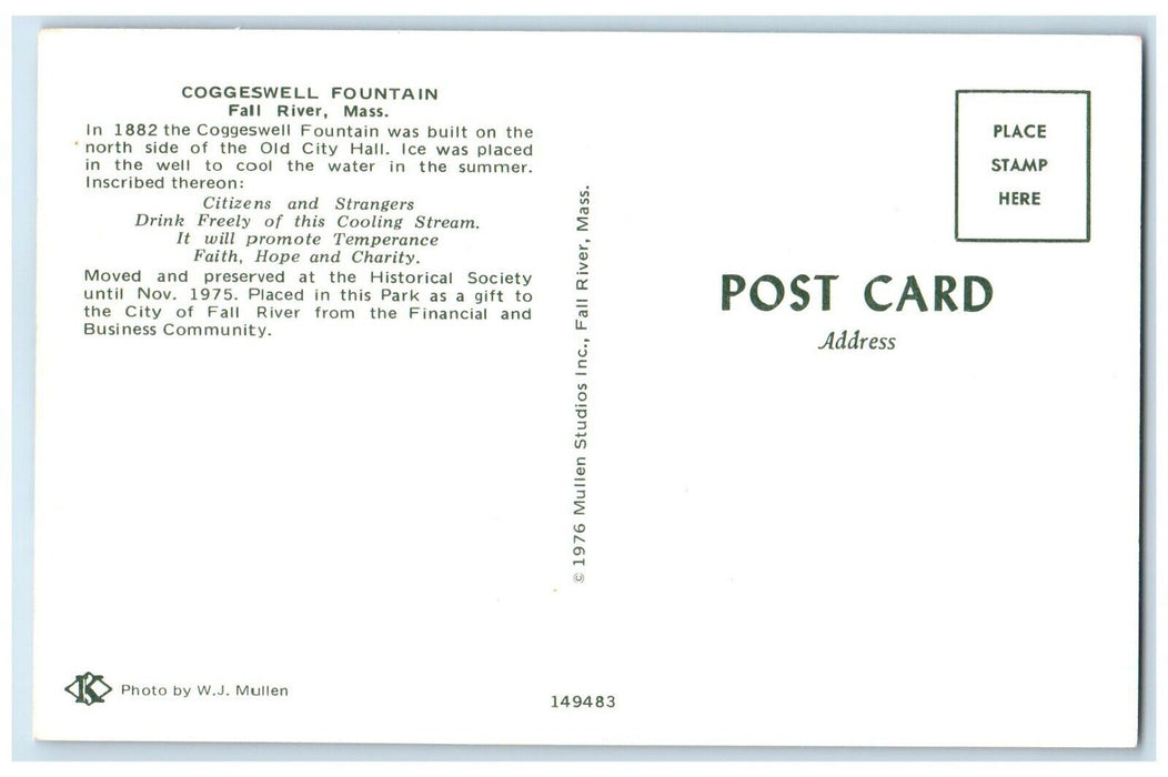c1960 Coggeswell Fountain Historical Society Fall River Massachusetts Postcard