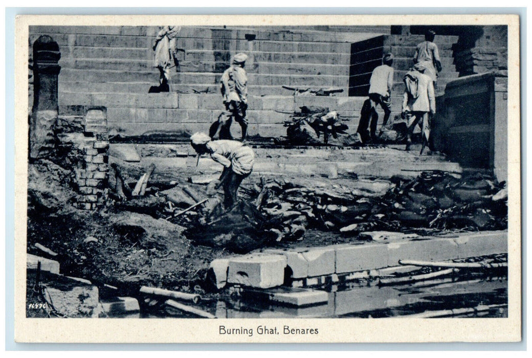 c1930's View of Fire Burning Ghat Benares (Varanasi) India Vintage Postcard