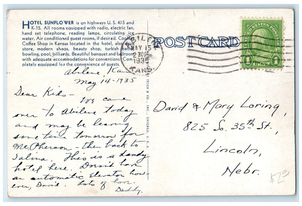 1935 Hotel Sunflower Building Cars Street View Abilene Kansas KS Posted Postcard