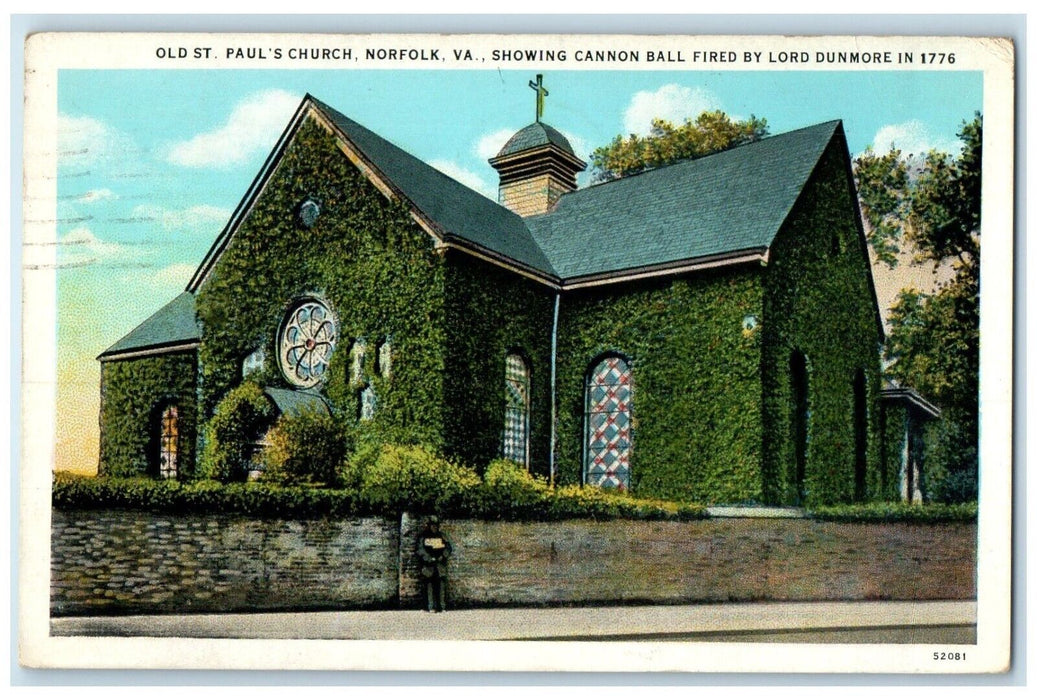 1932 Old St. Paul's Church Norfolk VA Cannon Ball Fired By Lord Dunmore Postcard