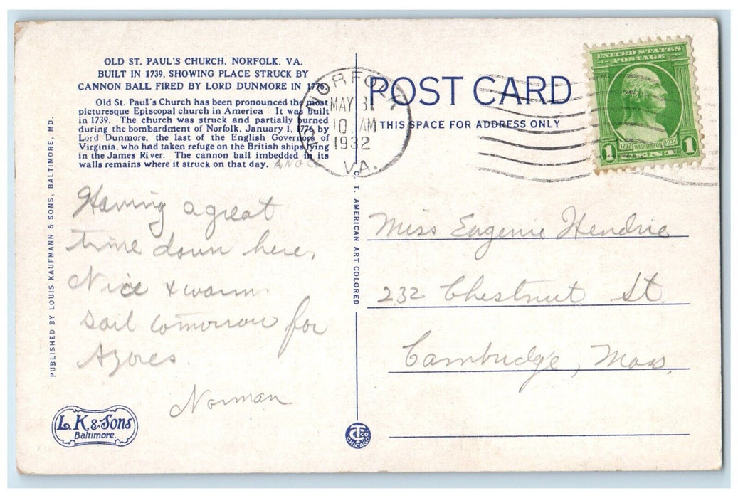 1932 Old St. Paul's Church Norfolk VA Cannon Ball Fired By Lord Dunmore Postcard