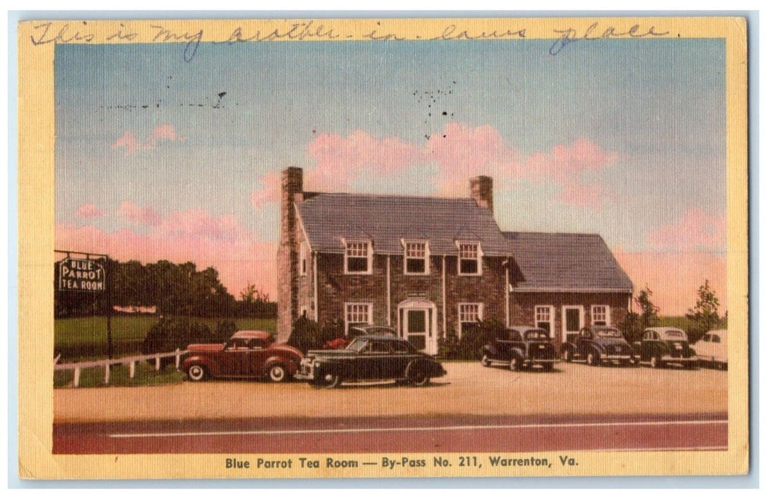 1947 Blue Parrot Tea Room By Pass Cars Roadside Warrenton Virginia VA Postcard