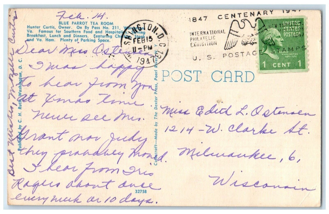 1947 Blue Parrot Tea Room By Pass Cars Roadside Warrenton Virginia VA Postcard