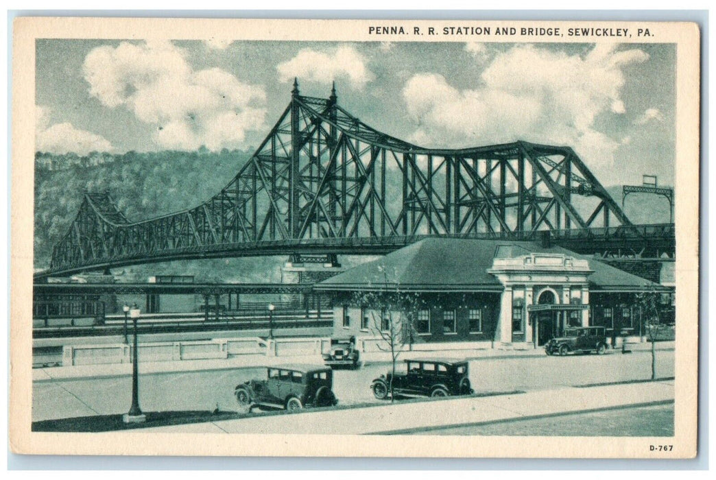 c1930's Penna RR Railroad Station Bridge Cars Sewickley Pennsylvania PA Postcard