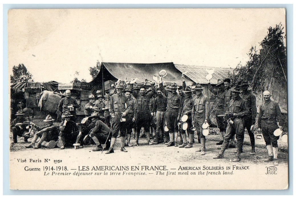 1914 American Soldiers in Paris France First Meal on French Land Postcard