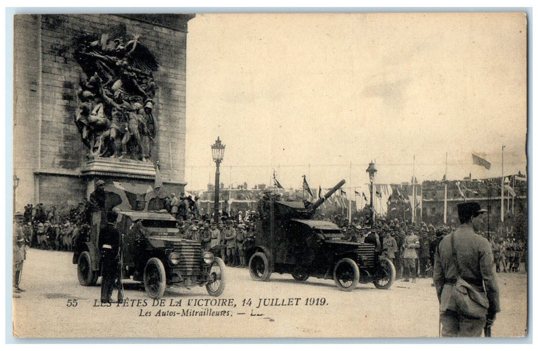 1919 Victory Day July 14 Machine Gun Cars Paris France Antique Postcard