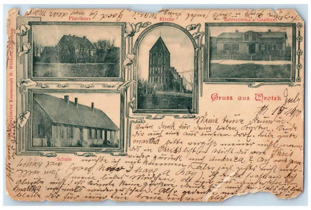 1900 Greetings from Wrotzk Westpreussen Germany Church Multiview Postcard