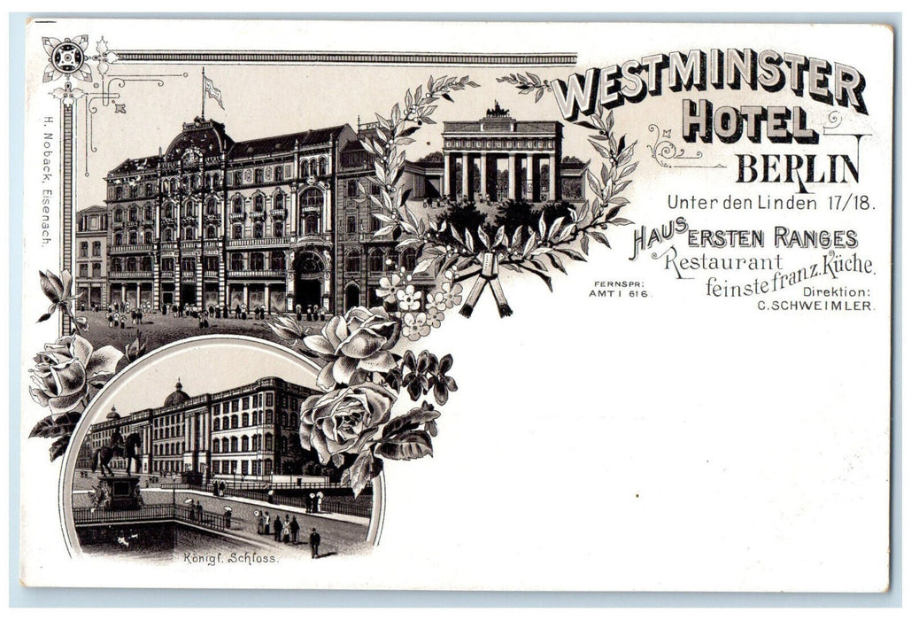 c1905 Westminster Hotel Berlin Germany Restaurant Church Multiview Postcard