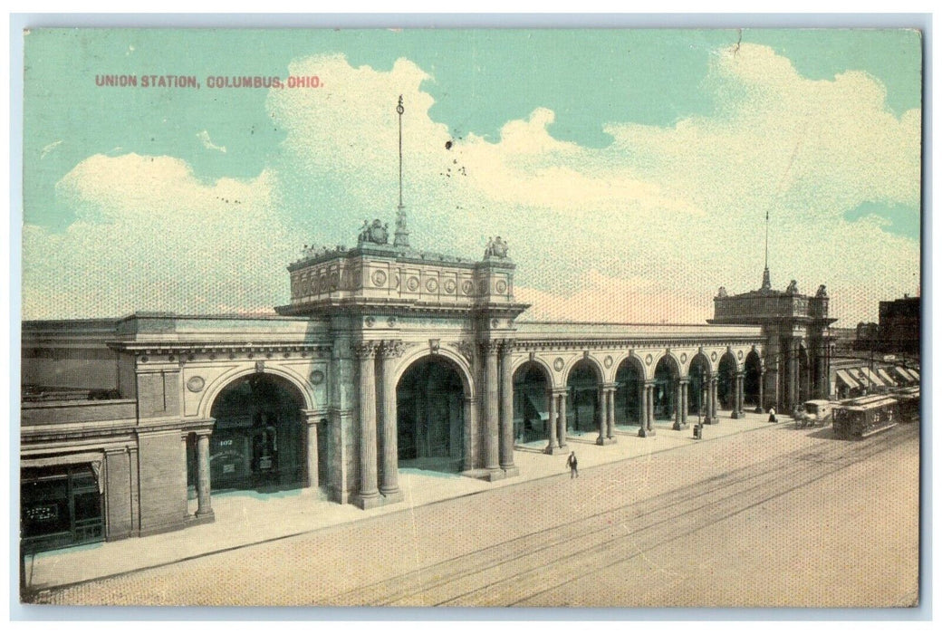 1914 Union Station Depot Railroad Train Trolley Columbus Ohio OH Postcard