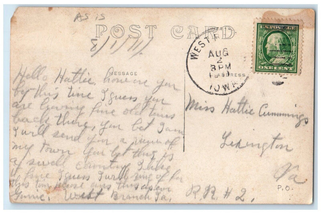 1911 S. Side Main Street West Branch Iowa IA RPPC Photo Posted Antique Postcard
