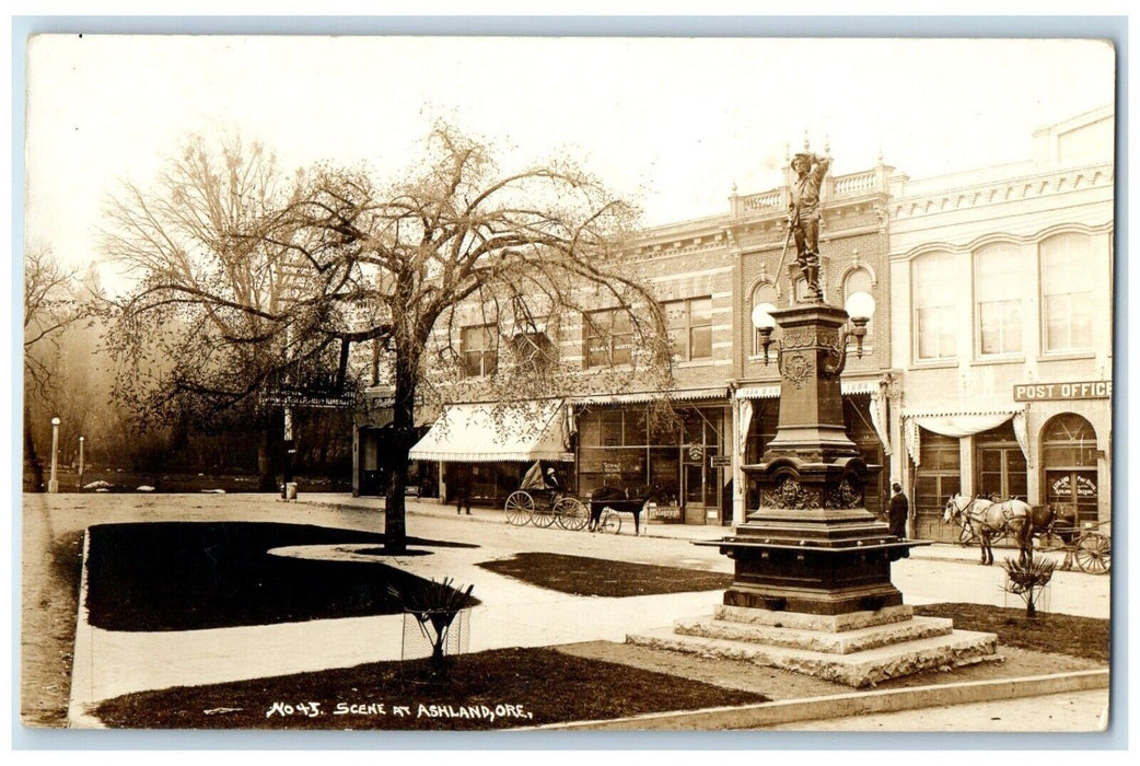 1914 Town Square Monument Post Office Scene Ashland Oregon RPPC Photo Postcard