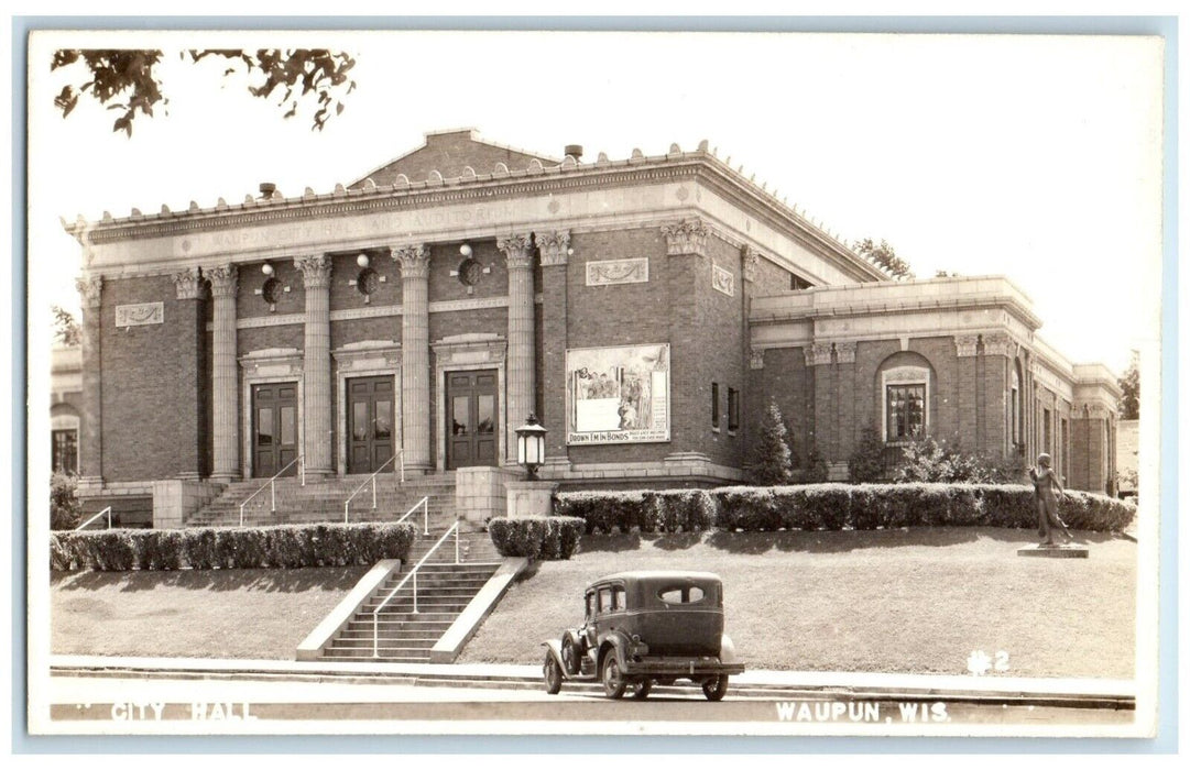 c1940's City Hall Building Car Waupun Wisconsin WI RPPC Photo Vintage Postcard